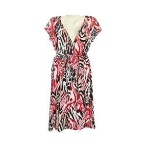 Notations Women's Abstract Print Short Sleeve Wrap Dress Belt Classic Chic SZ M